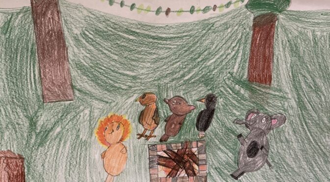 eine Kinderzeichnung, die Tiere am Lagerfeuer zeigt