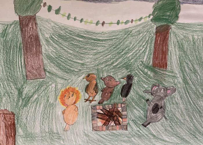 eine Kinderzeichnung, die Tiere am Lagerfeuer zeigt