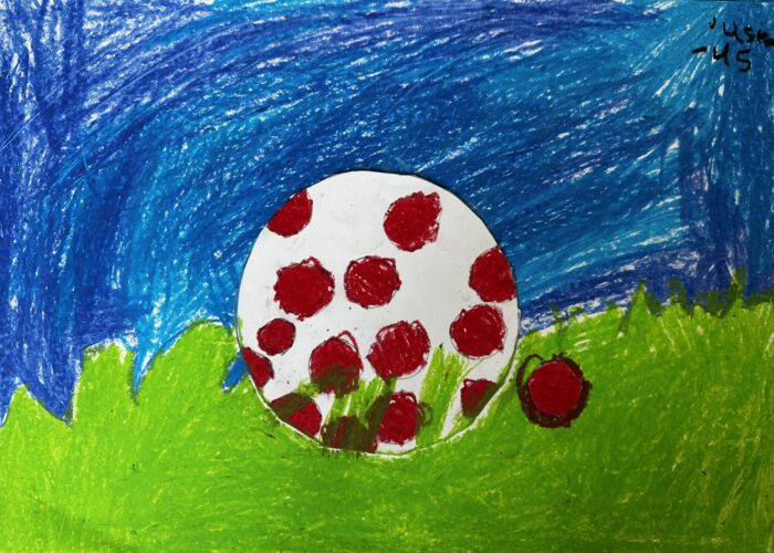 ein von einem Kind gemaltes Bild auf dem eine Wiese und ein weißer Ball mit roten Punkten zu sehen ist